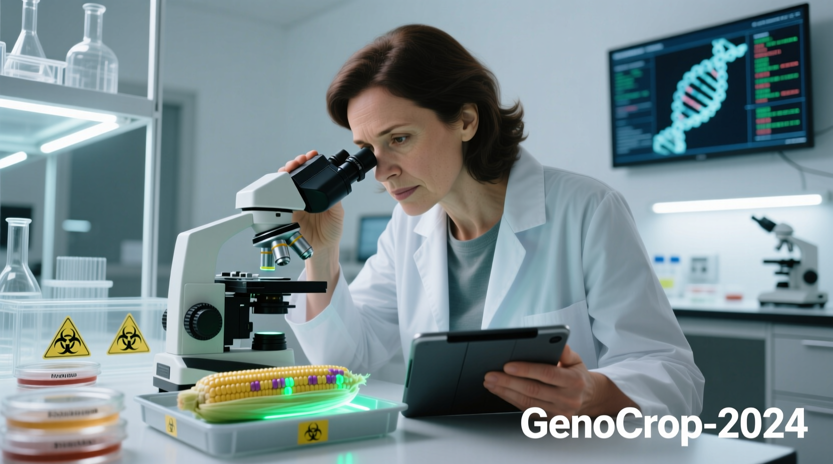 Scientist examining genetically modified corn samples in laboratory