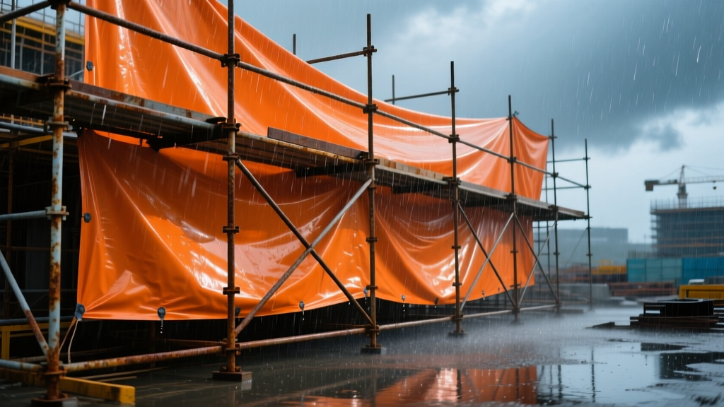 Heavy-duty orange waterproof nylon material tensioned over steel scaffolding on an active commercial construction site during heavy rain.