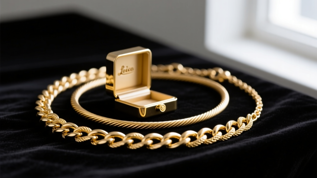 Close-up of 18k gold rope, box, and cable necklace chains on dark velvet, softly lit to showcase distinct link textures.