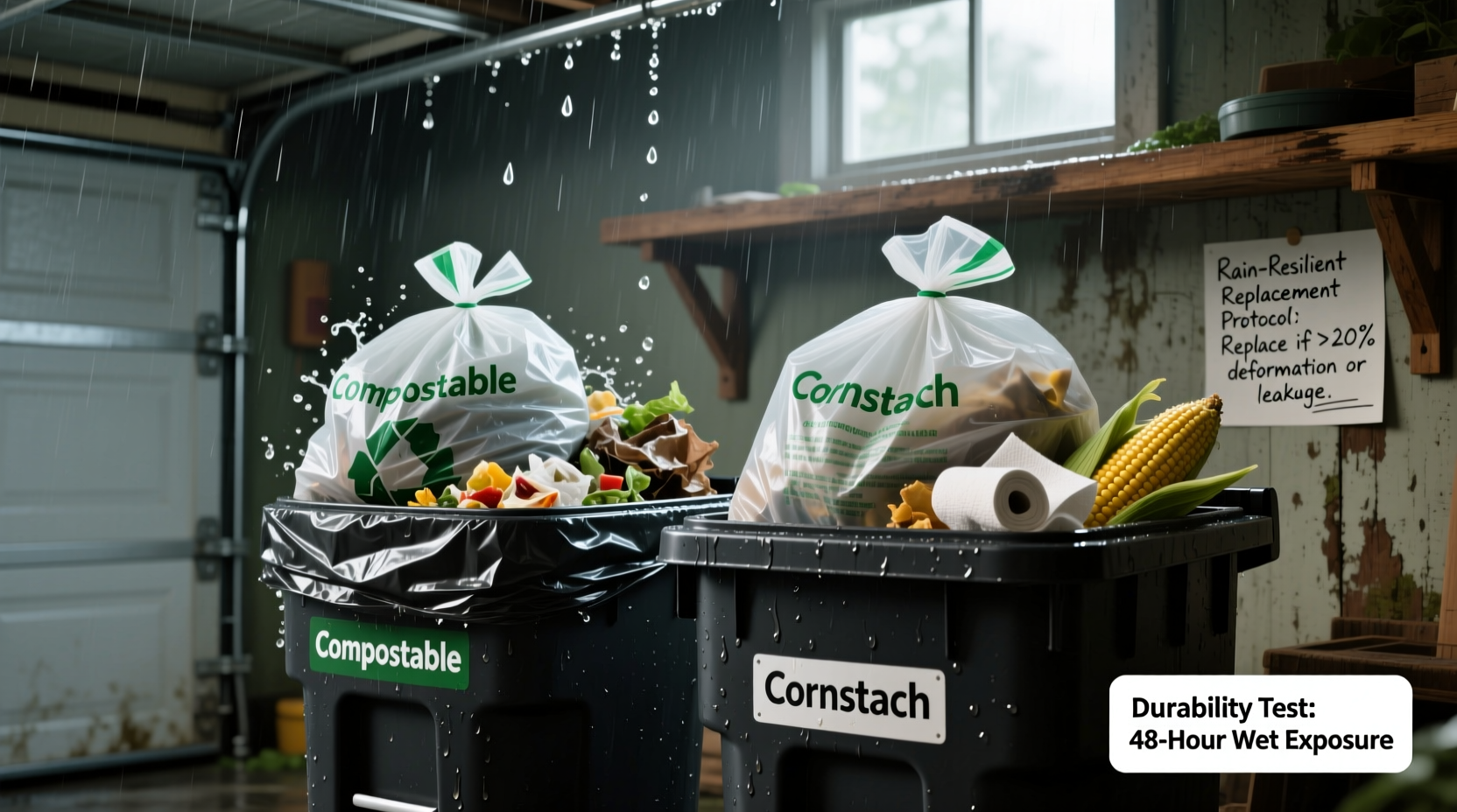 compostable vs cornstarch bags in rainy garages