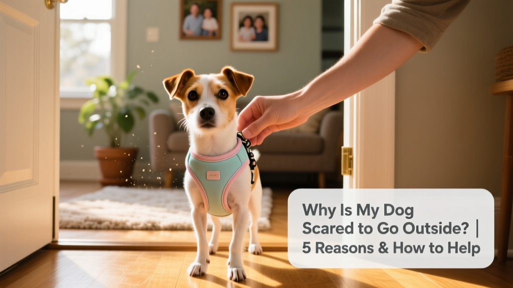 A gentle hand placing a soft harness on a hesitant dog near an open door