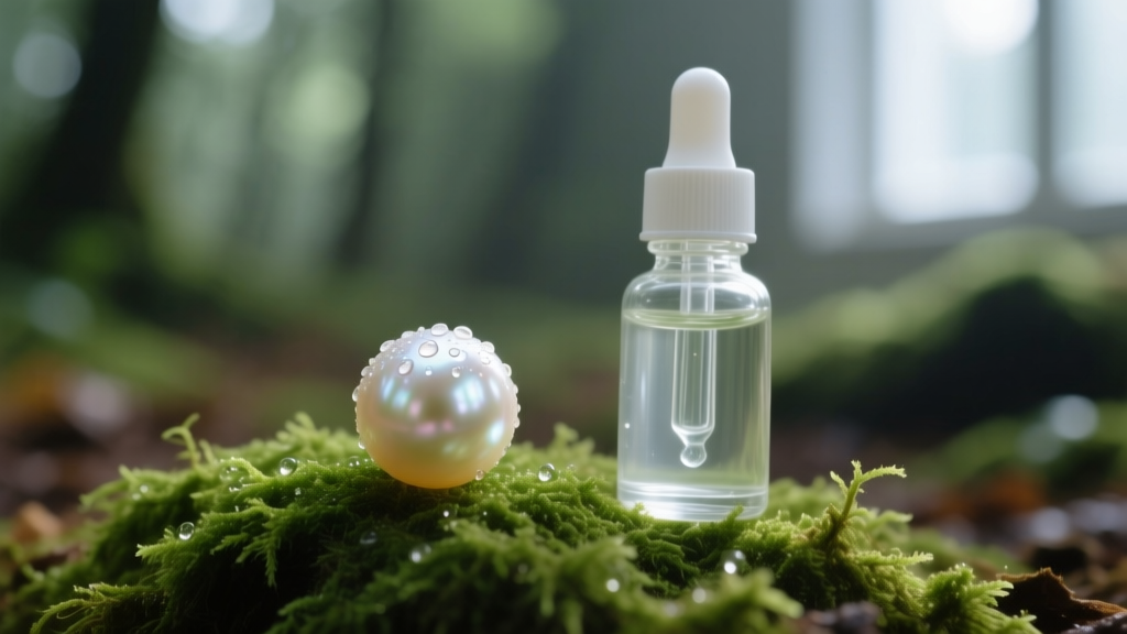 Macro shot of a delicate freshwater pearl on moss next to a small dropper bottle of clear plant-based cleaning solution