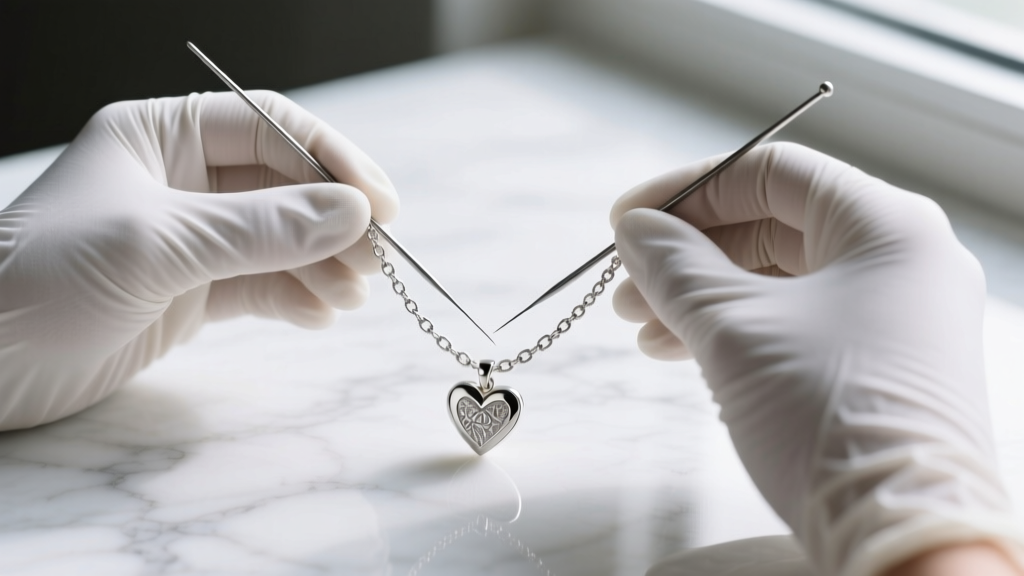 Gloved hands untangling a delicate sterling silver heart necklace chain using two fine sewing needles on a clean white marble surface.
