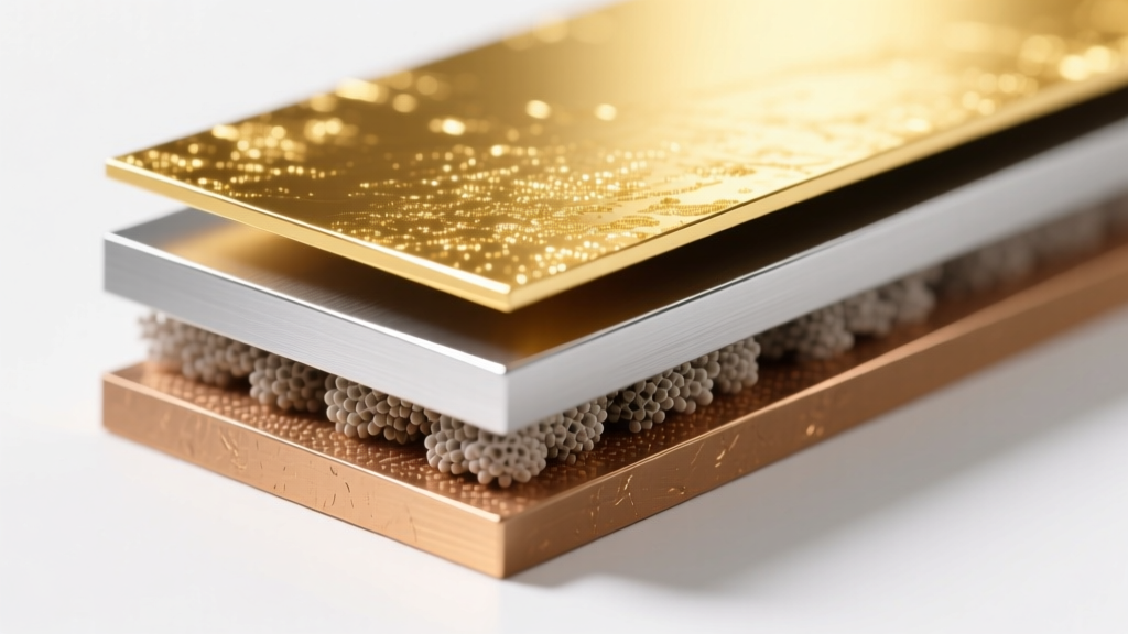 Cross-section illustration showing microscopic layers of a brass base metal, nickel barrier, and 0.5-micron gold flash plating