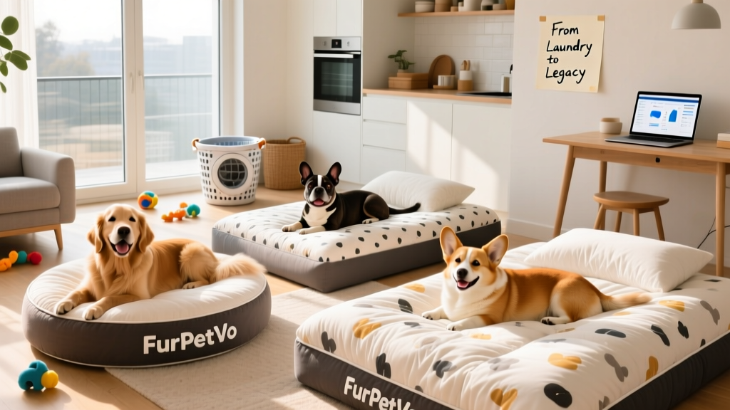 A joyful collage of dogs lounging on various FurPetVo duvet-covered beds in different sizes and patterns—round, square, and oversized—set in sunlit, modern living spaces