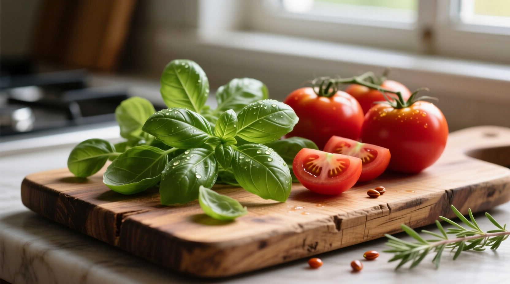 Fresh basil leaves and ripe tomatoes on wooden cutting board