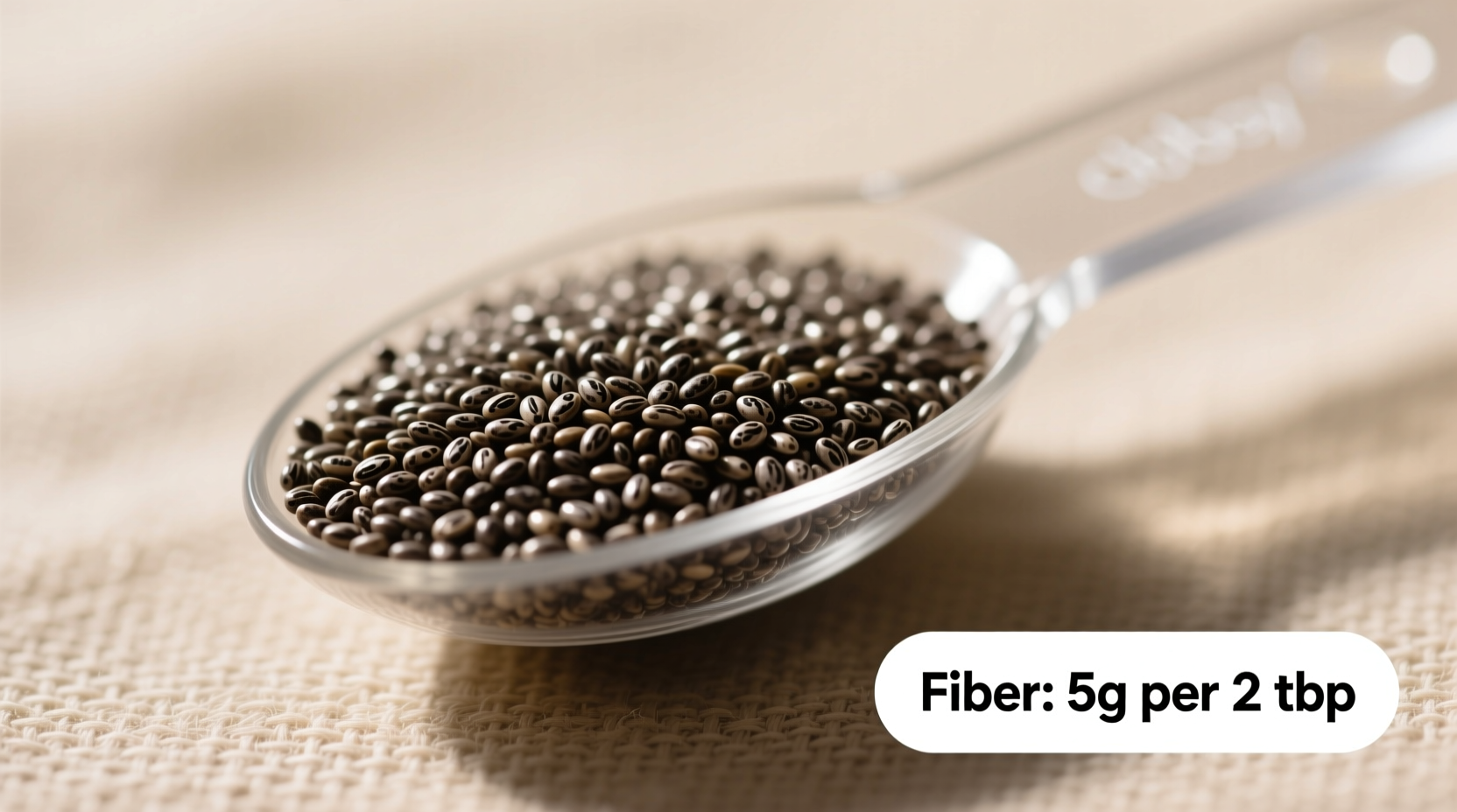 Chia seeds in measuring spoon with fiber information