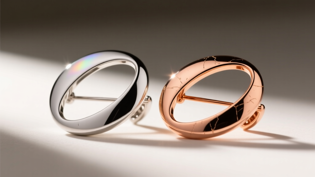Side view of polished palladium and 14k rose gold brooches showing the subtle grey-white hue of the palladium metal surface