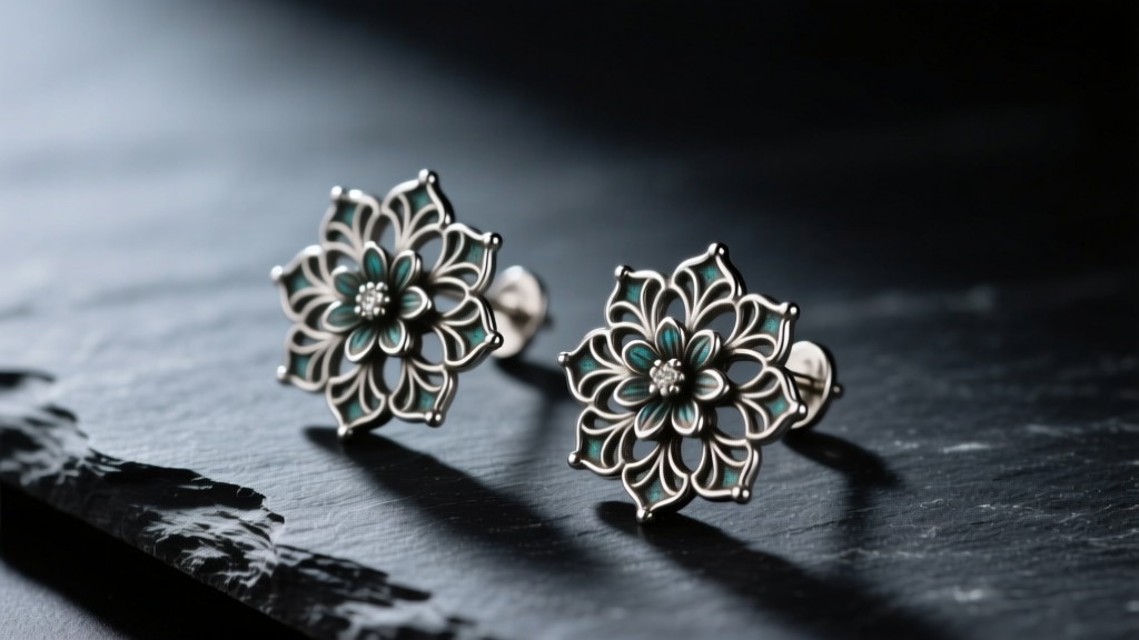 Oxidized sterling silver blackjack earrings with floral filigree resting on dark slate under moody, directional studio lighting