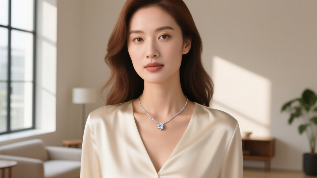 Woman wearing a minimalist platinum wifey necklace with a bezel-set diamond, paired with a cream silk blouse in soft natural light.