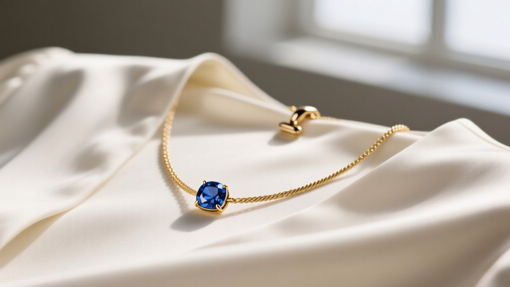 Close-up of a bezel-set single stone sapphire necklace on a silk blouse, highlighting a 1mm gold cable chain and secure bail