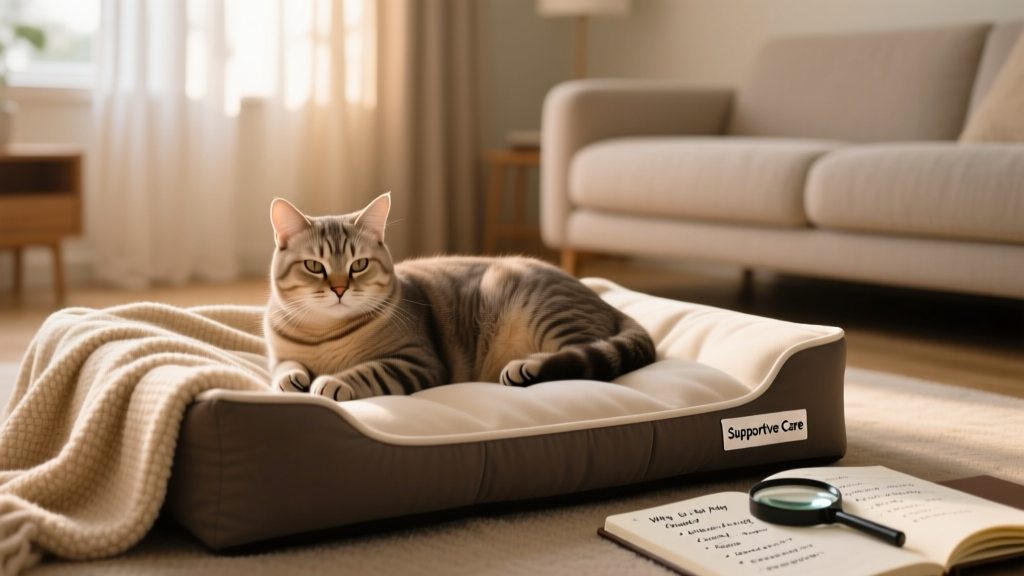 A serene, softly lit room with a cat resting comfortably on a supportive orthopedic bed and cozy blanket
