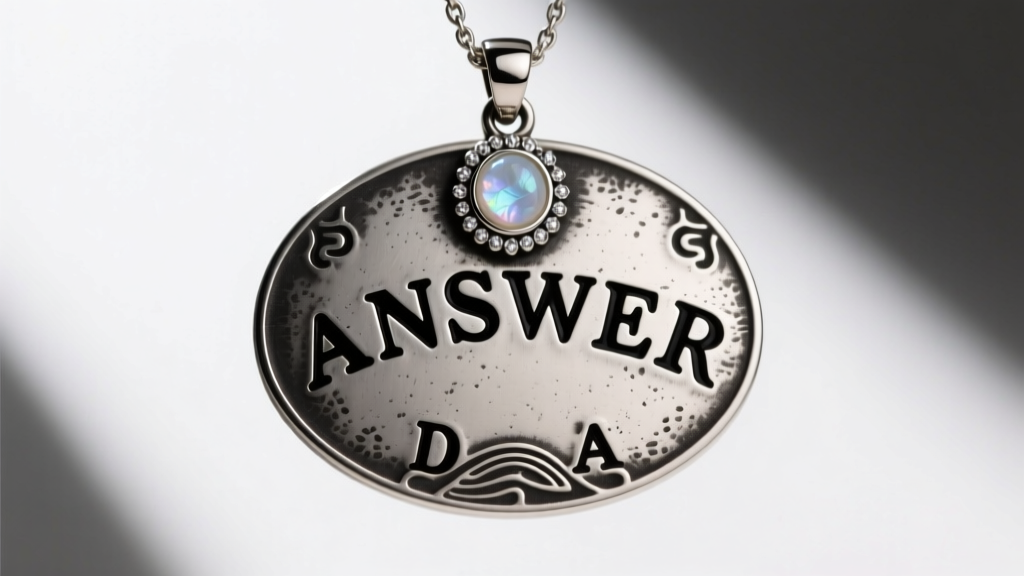Oxidized silver ouija board pendant with black enamel letters and a small bezel-set moonstone cabochon under soft studio light