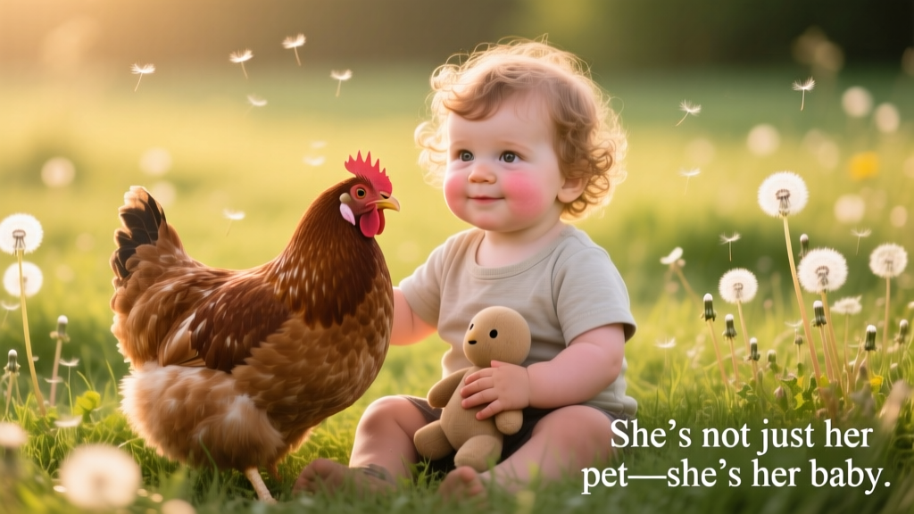 Toddler and chicken sitting side-by-side on grass, both looking calmly at the camera, surrounded by dandelions