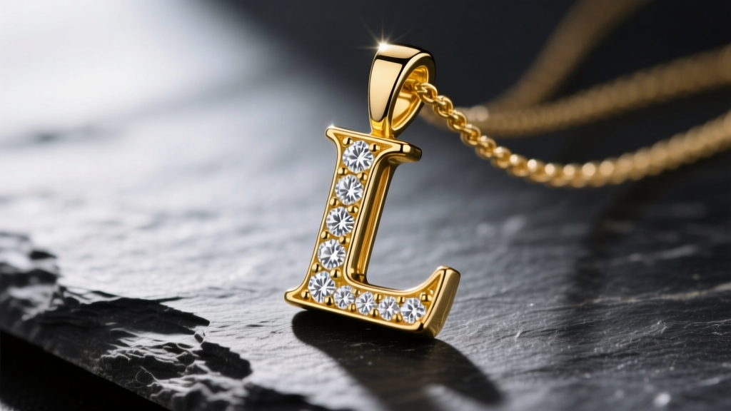 Macro shot of a 14k yellow gold diamond letter L pendant on dark slate, highlighting pave melee setting and bright light reflection