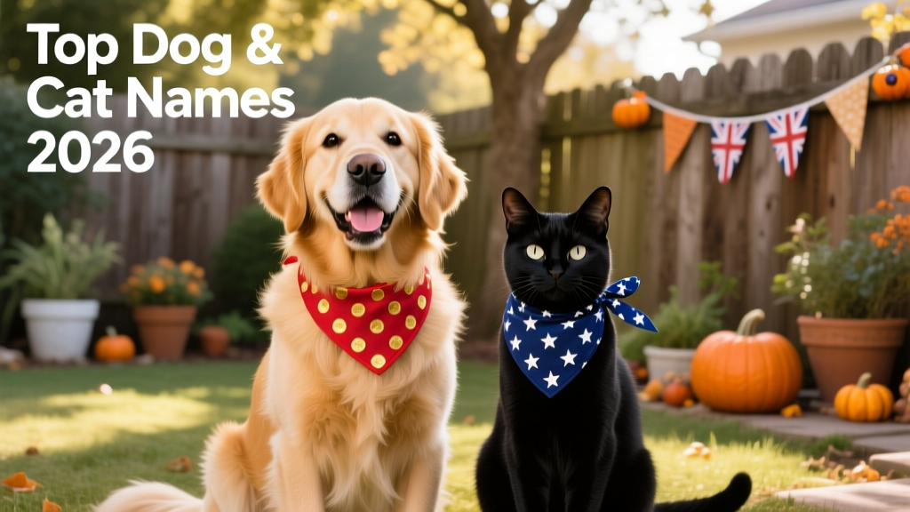 A joyful golden retriever and a sleek black cat sitting side by side, both wearing festive bandanas
