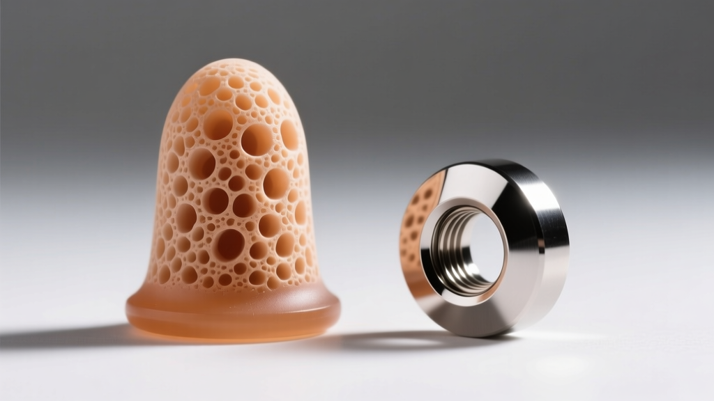Macro comparison of a porous acrylic ear plug and polished titanium eyelet showing surface textures under bright studio lighting