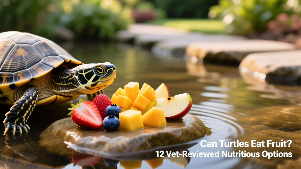 Close-up of a turtle’s head reaching toward a variety of colorful fruit pieces placed on a smooth river rock in a shallow water dish