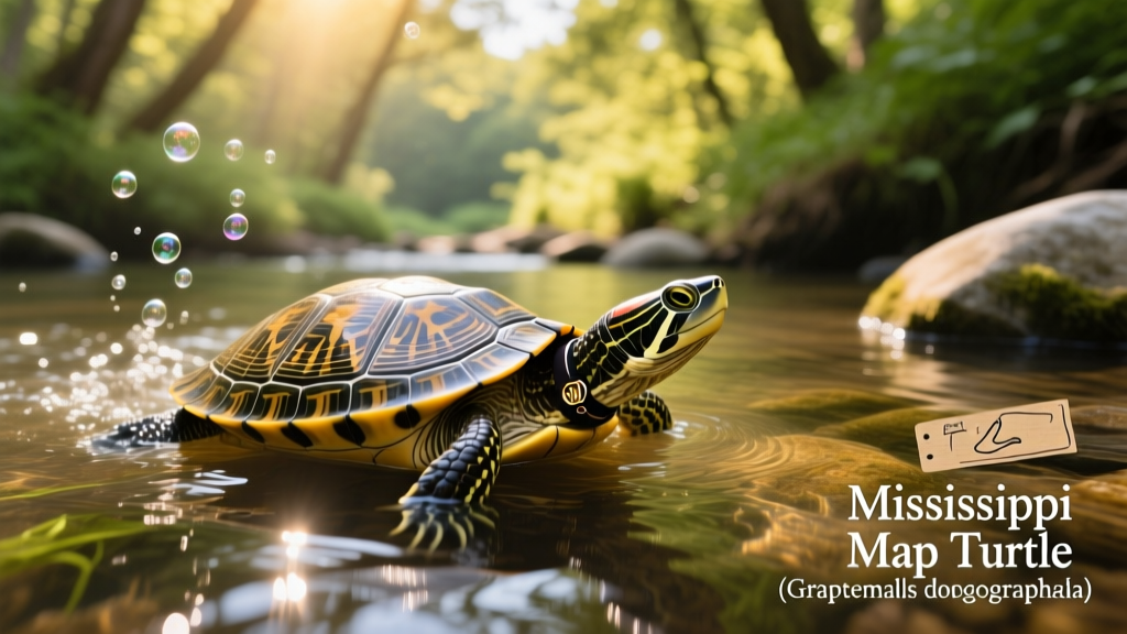 Mississippi map turtle swimming gracefully in clear, gently flowing water with visible filtration bubbles rising nearby