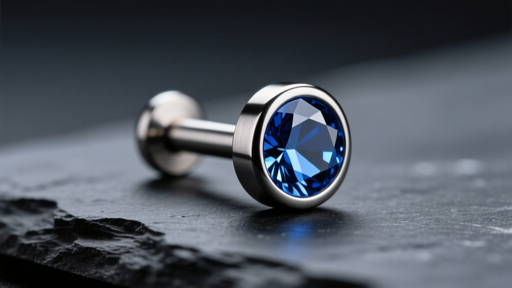 Macro photography of an ASTM F136 implant-grade titanium labret stud with a bezel-set sapphire, resting on a dark slate surface