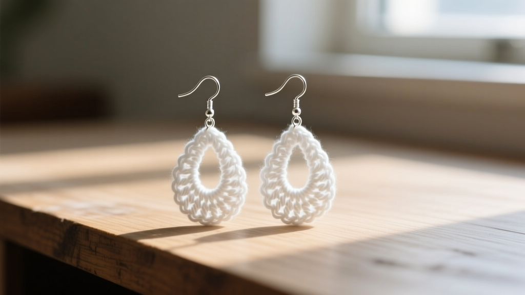 White cotton crochet teardrop earrings, 0.75mm hook, and titanium ear wires on a wood desk bathed in soft, warm natural sunlight.