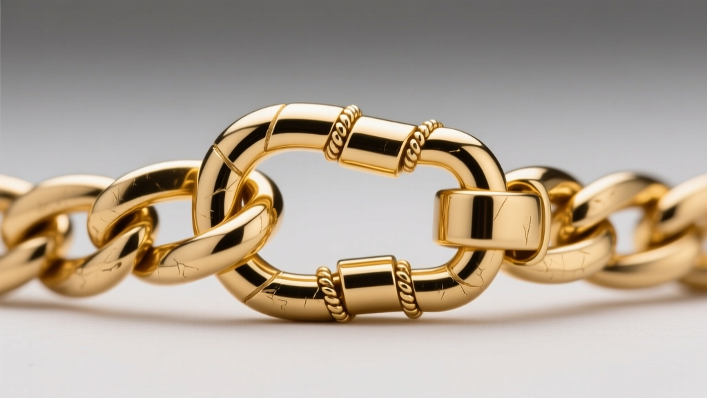Macro shot of a heavy 14k gold figaro chain clasp, showing the reinforced soldered jump ring and sturdy lobster claw closure.