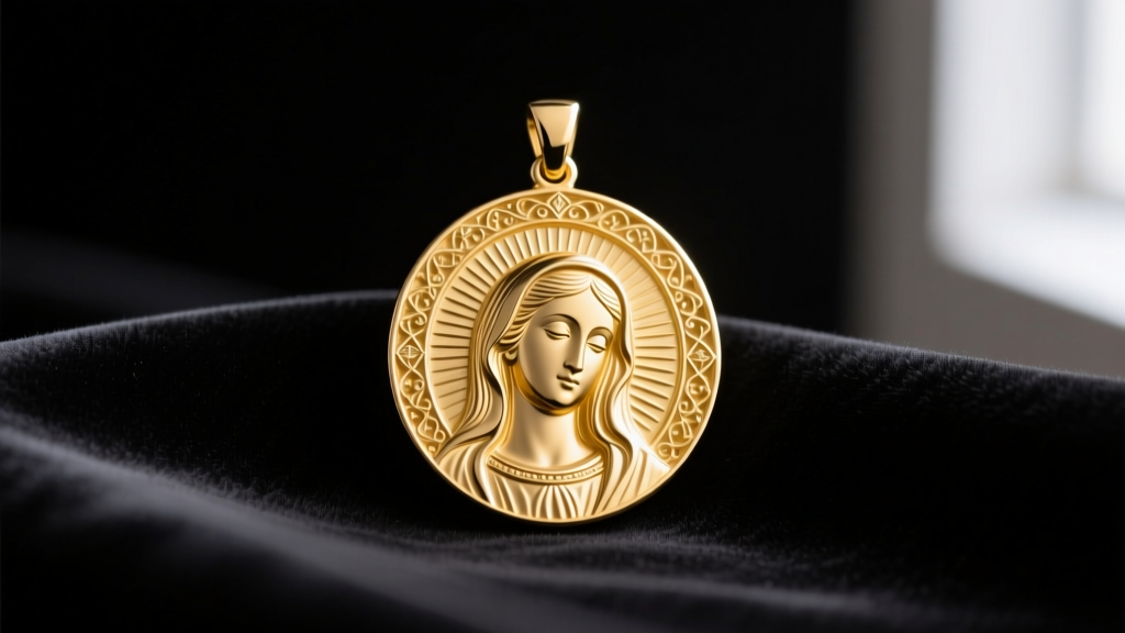 14k yellow gold Virgin Mary medallion pendant on dark velvet, showing detailed bas-relief facial features and an engraved halo.