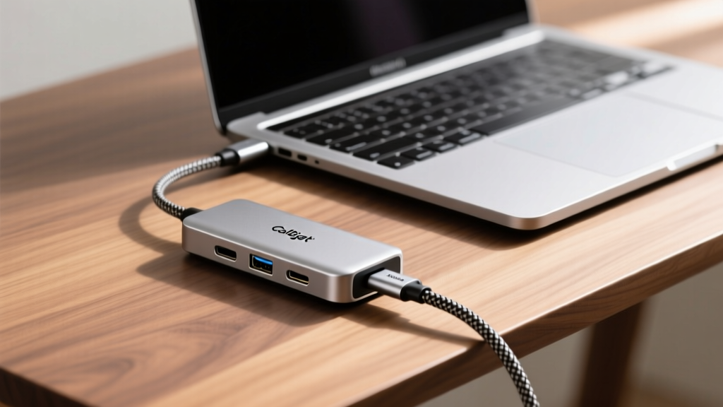 Close-up of a CalDigit TS4 Thunderbolt 4 dock connected to a silver MacBook Pro via braided cable on a clean walnut desk