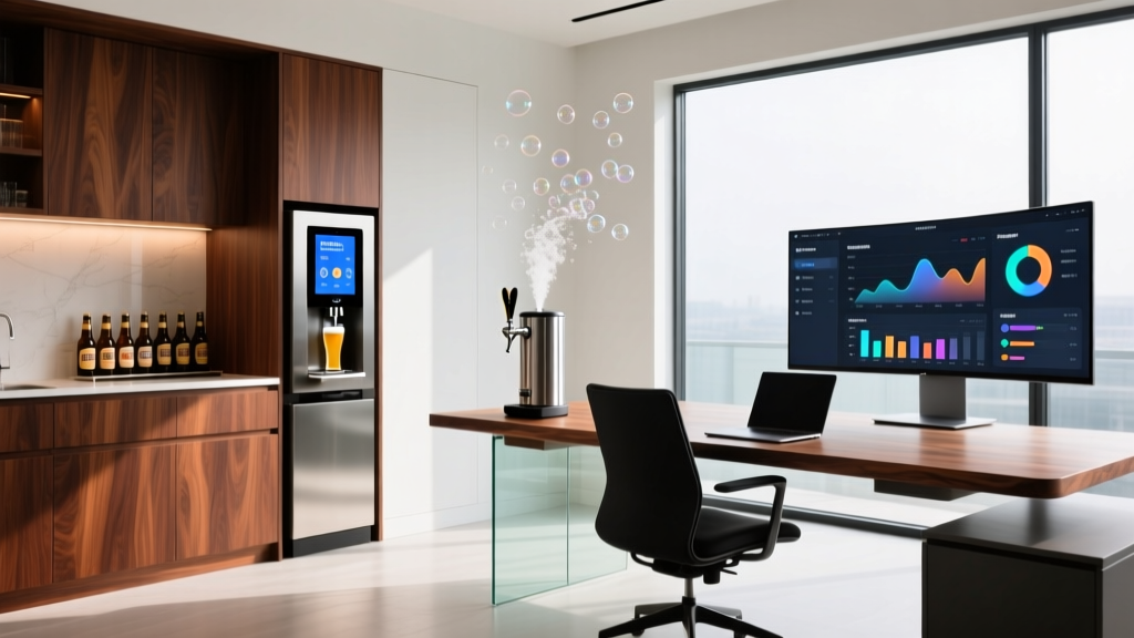 Home office lounge mahogany wet bar with digital smart keg dispenser and ultrasonic beer foamer next to a modern laptop workspace
