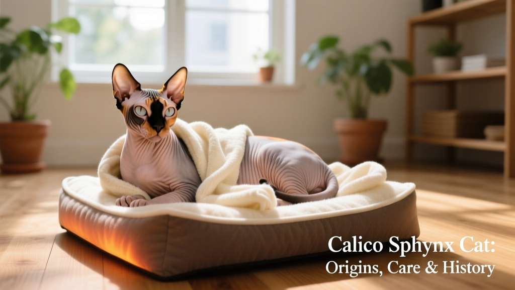A Calico Sphynx cat relaxing on a heated pet bed, wrapped loosely in a soft cotton blanket, illustrating temperature-sensitive care needs