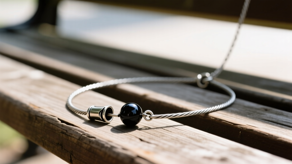 Close-up of a damaged floating bead necklace on a bench, showing a crushed crimp tube and a slipped bead on kinked steel wire.