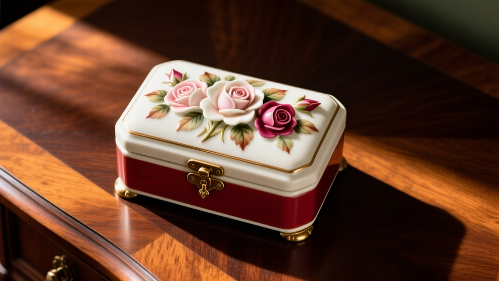 Overhead view of a 1920s vintage floral jewelry box with hand-painted porcelain roses on the lid, resting on a dark oak desk.