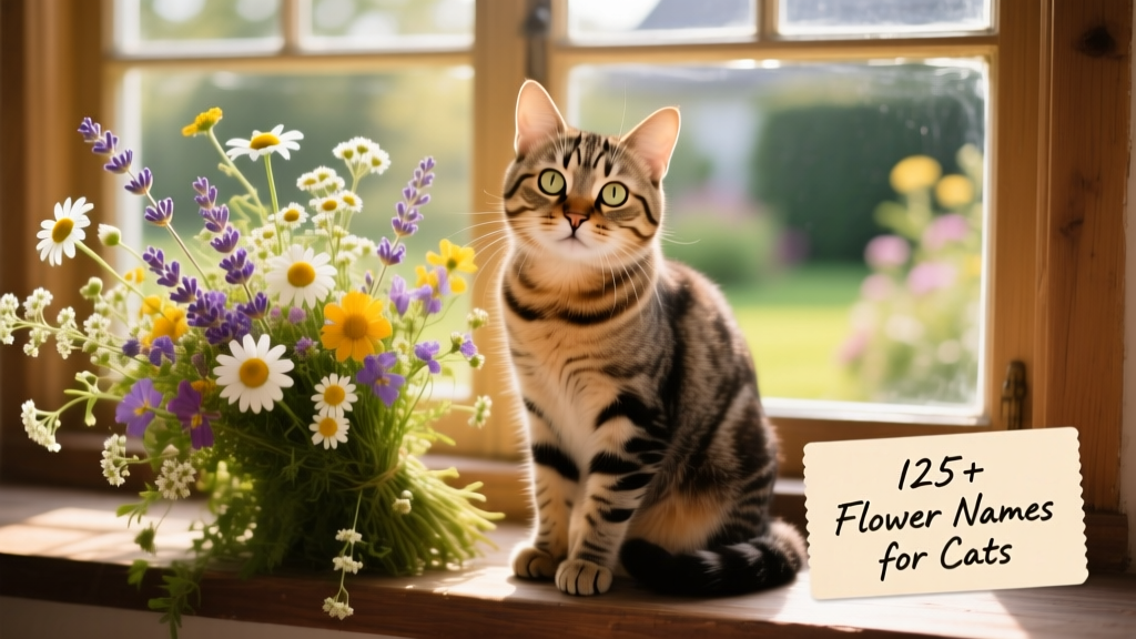 A playful tabby cat sitting beside a bouquet of mixed wildflowers on a sunlit windowsill