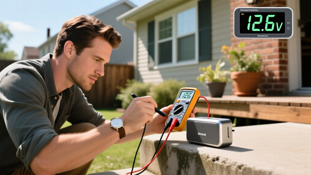 A tech enthusiast in Peoria Illinois using a digital multimeter to test the voltage of a portable speaker battery pack.