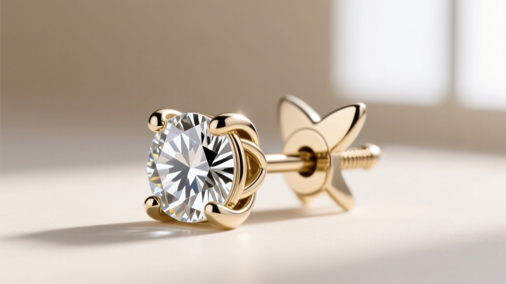 Close-up of a 14k white gold four-prong basket diamond earring featuring a secure screw-back post and a polished butterfly clutch.