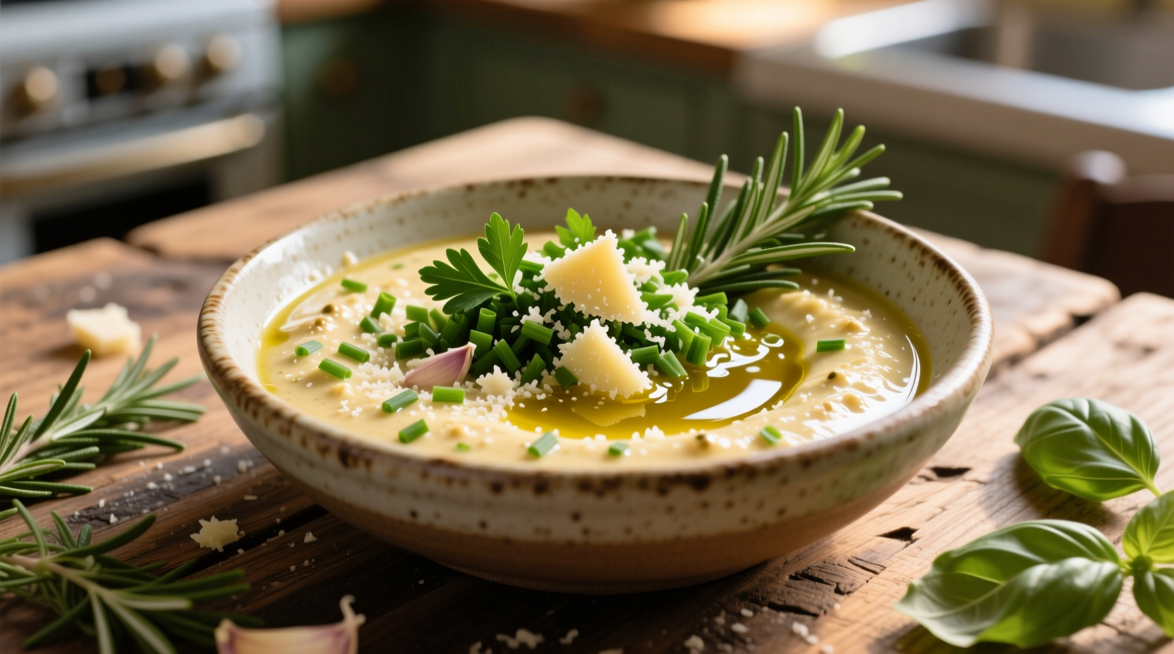 Homemade parmesan garlic sauce in bowl with fresh herbs