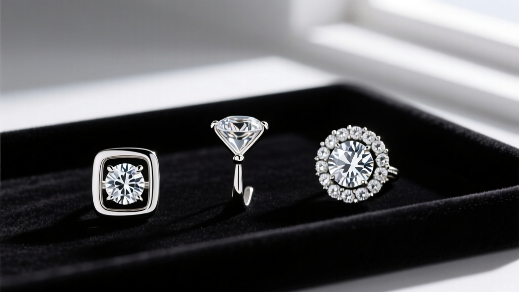 Three diamond earring settings on a dark velvet tray: a minimalist bezel, a classic martini prong, and a dazzling halo design