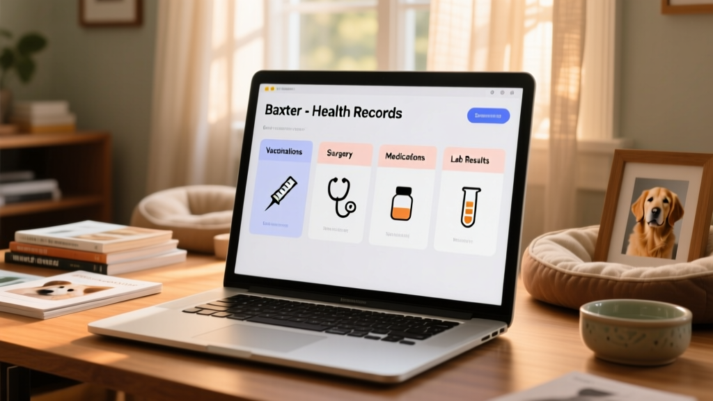 A neatly organized digital folder on a laptop labeled 'Baxter - Health Records', showing tabs for Vaccinations, Surgery, Medications, and Lab Results