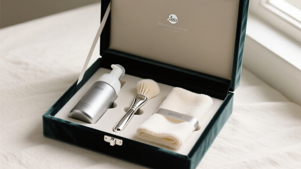 Velvet gift box revealing a premium sterling silver cleaning kit with a foam bottle, soft brush, and polishing cloth.