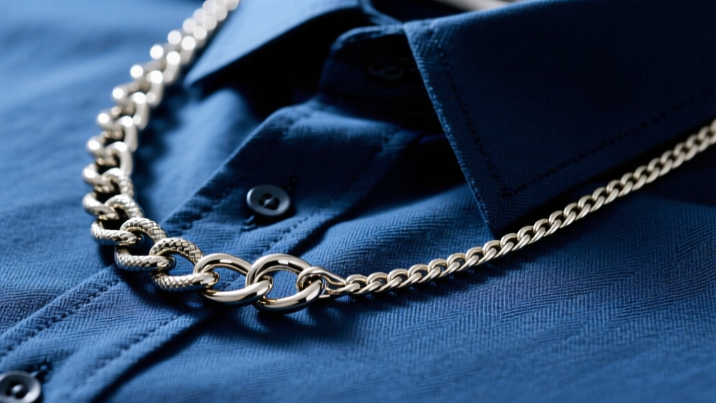 Macro shot comparing a kinked snake chain and a smooth polished wheat chain resting on textured blue cotton dress shirt fabric.