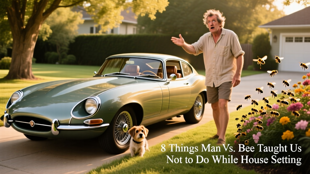 A vintage Jaguar parked elegantly in a sunlit driveway, contrasting with Trevor’s flustered expression in the background