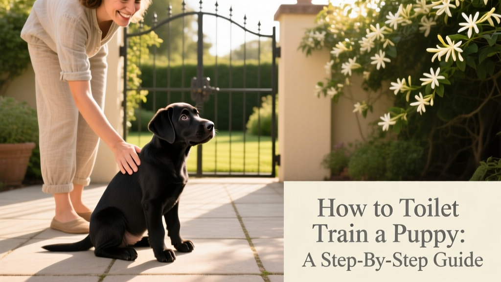 A black Labrador puppy sitting attentively beside its owner on a paved patio, looking toward the garden gate