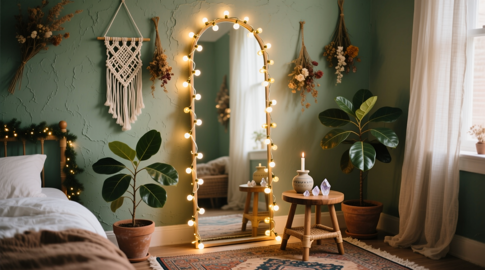 how to use christmas lights to frame a mirror in a boho bedroom