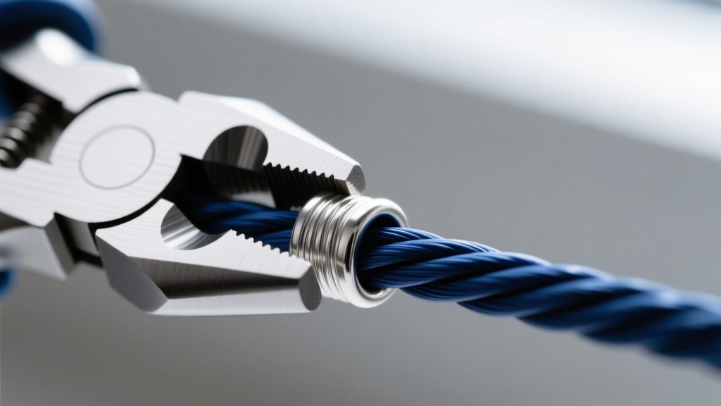 Silver micro-crimping pliers squeezing a sterling crimp tube onto dark blue nylon-coated wire, captured in sharp macro focus.