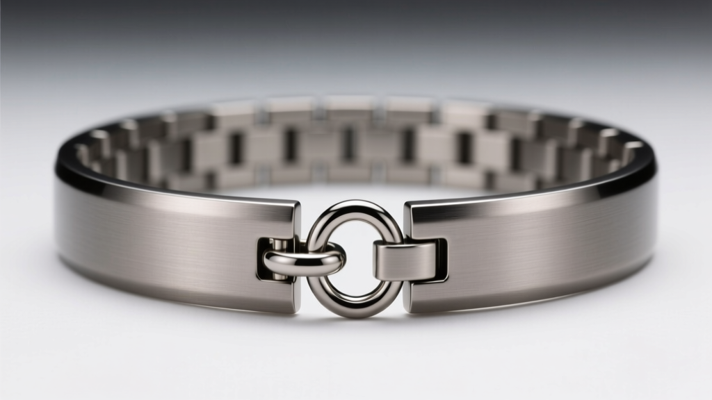 Close-up of a matte titanium rigid necklace collar, showing a secure tongue-and-groove box clasp with a figure-8 safety catch.