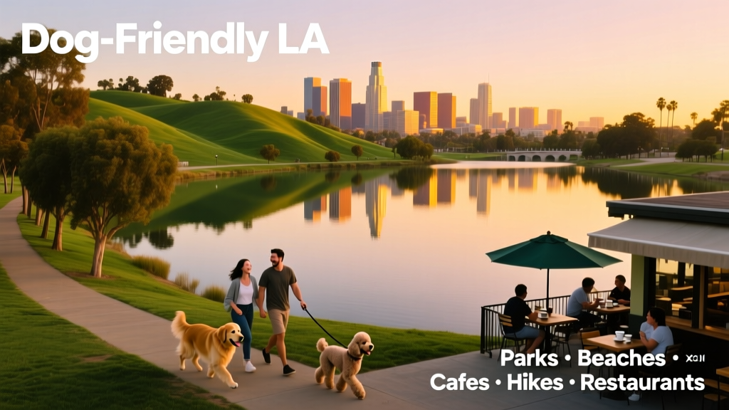 Drone view of Echo Park in Los Angeles, showing green hills, lake, and city skyline