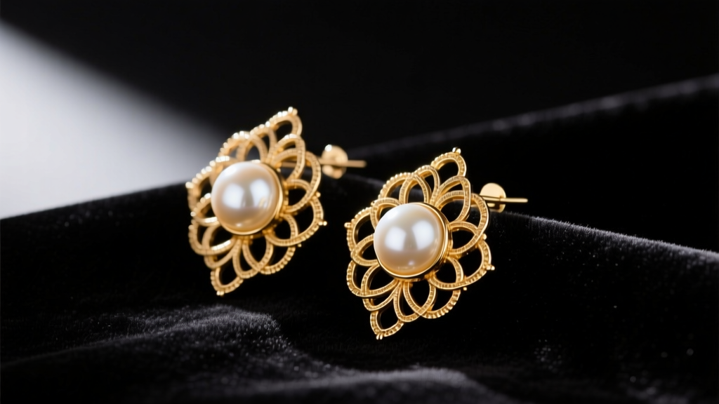 Vintage Miriam Haskell clip earrings with faux pearls and intricate Russian gold wirework resting on dark velvet fabric