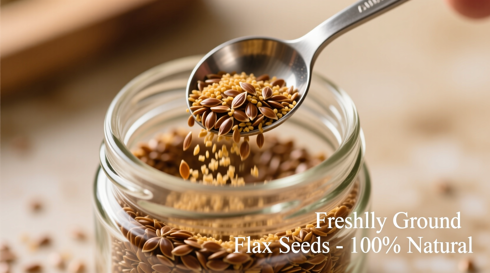 Ground flax seeds in glass jar with measuring spoon