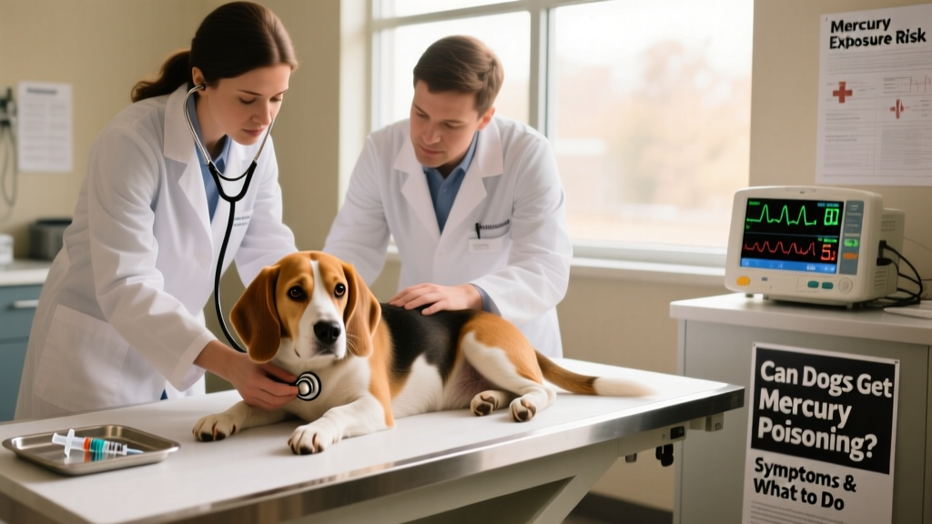 Cute and beautiful beagle dog lying on the exam table at the veterinarian. Two vets examining a sick and scared pet with a stethoscope
