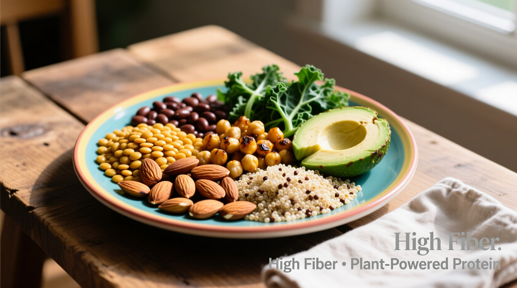 Colorful plate of high fiber protein foods including lentils and almonds